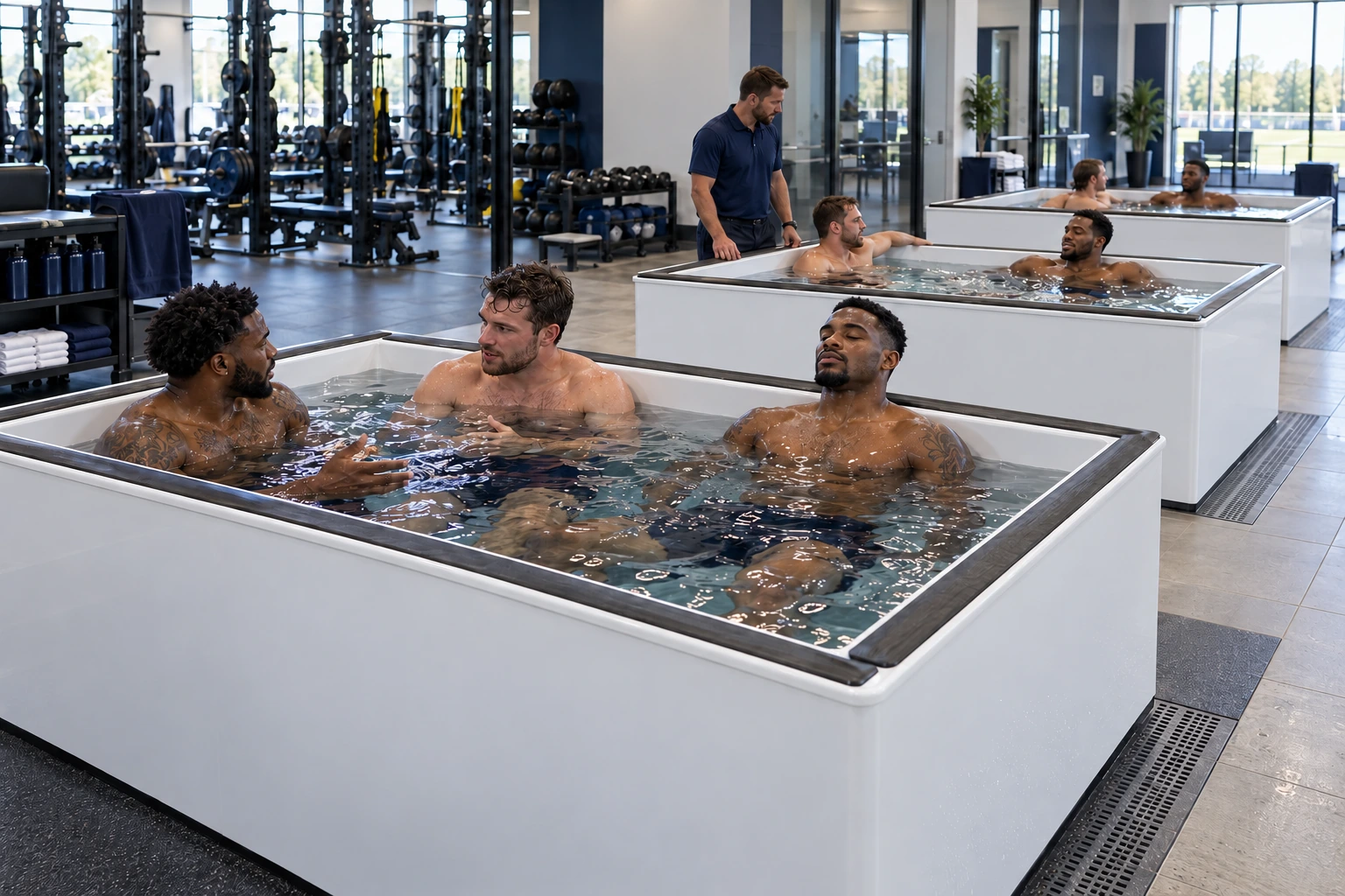 Professional athletes recovering in multiple white UNITED tubs with a trainer — illustrative installation concept