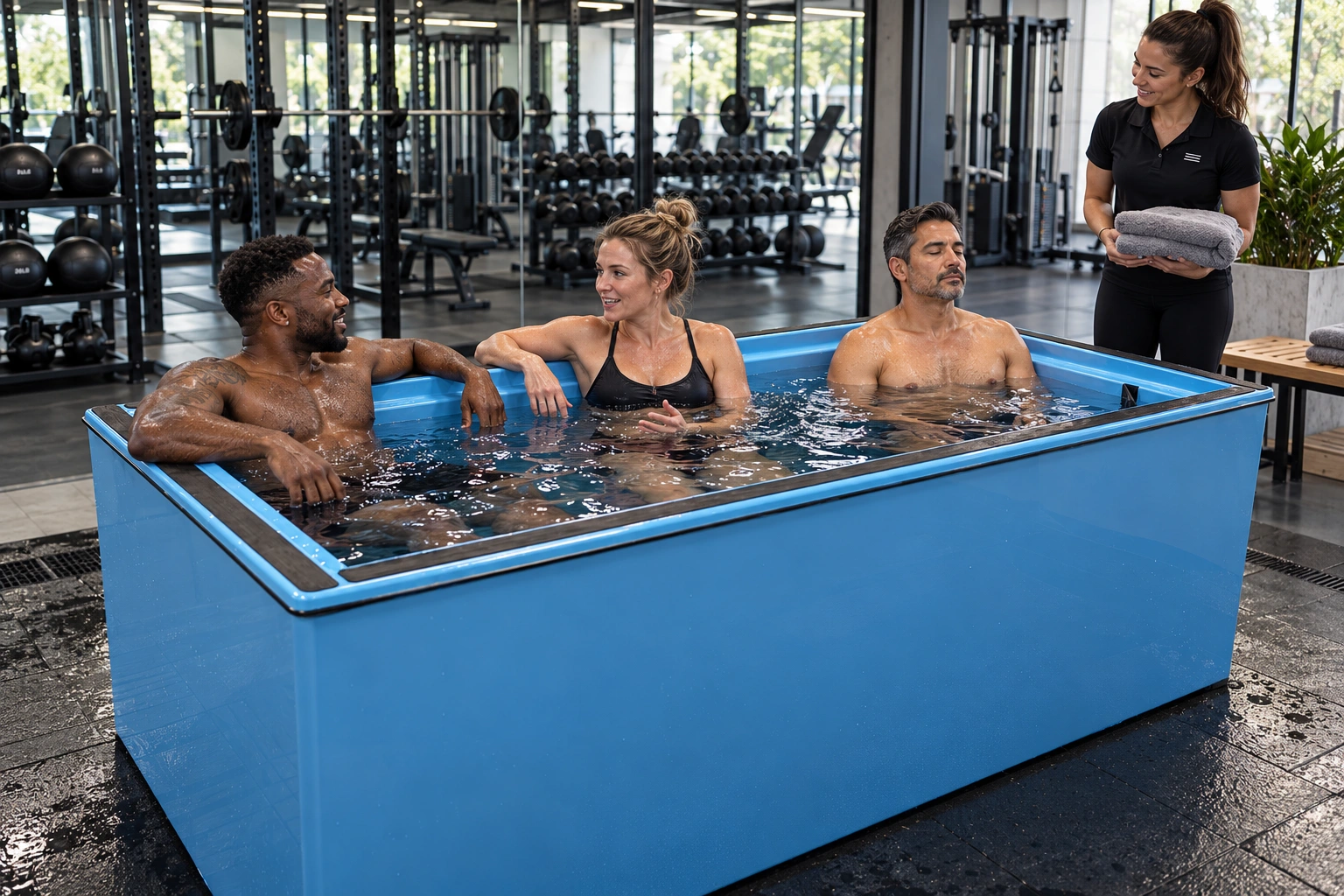 Three adults using an EMRJ UNITED cold plunge with a trainer at a commercial gym
