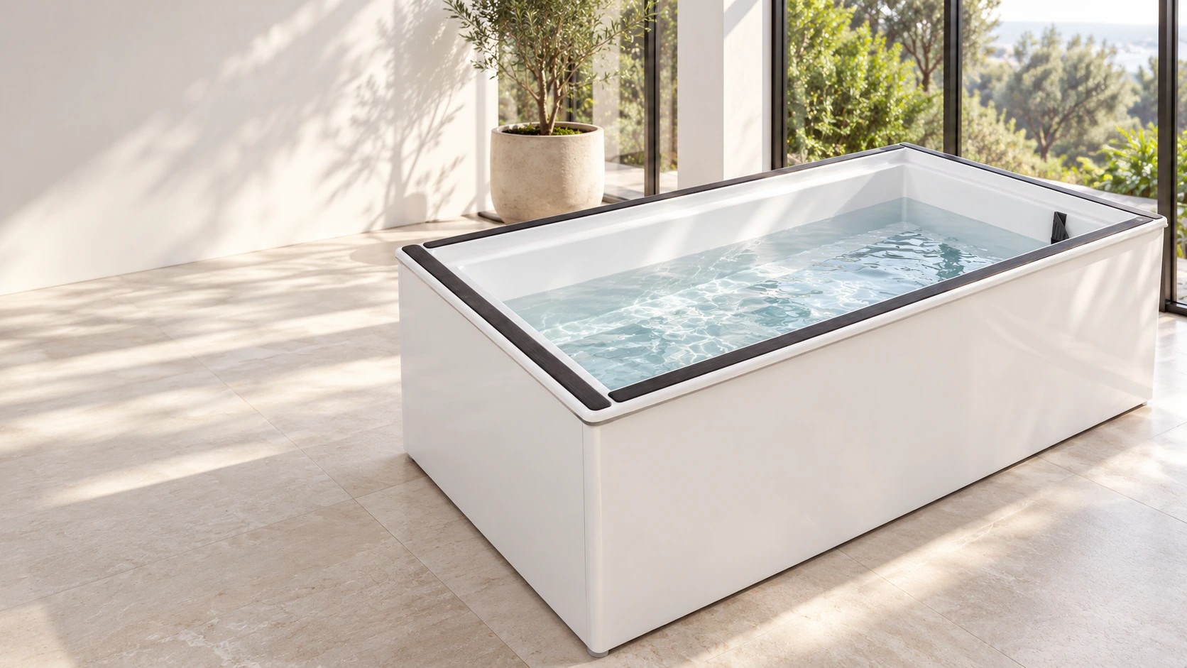 White EMRJ UNITED tub with coal-colored padding and clear water in a bright spa — illustrative installation concept