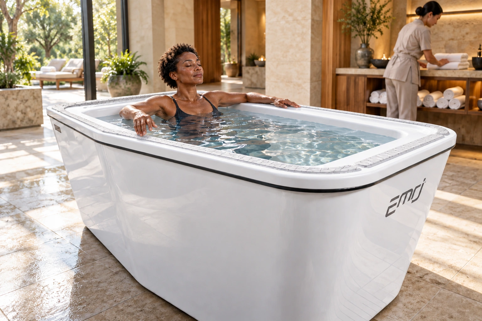 A guest using an EMRJ ASCEND cold plunge in a luxury hotel spa