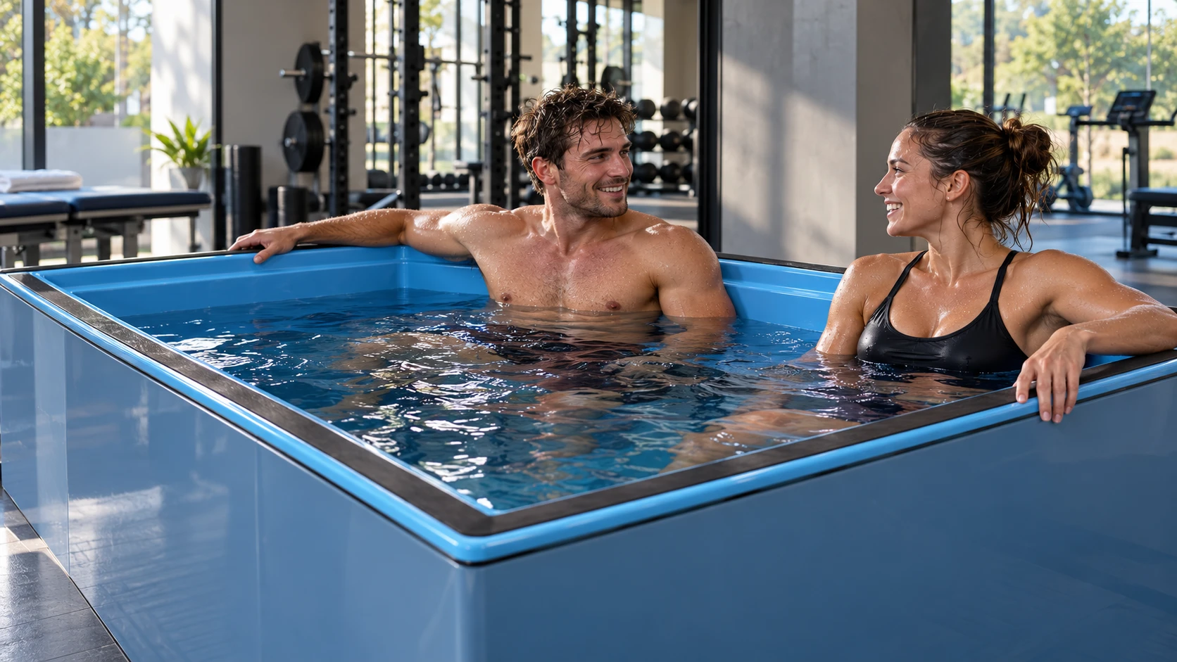 Photorealistic concept of adult athletes in a UNITED tub at a professional recovery facility